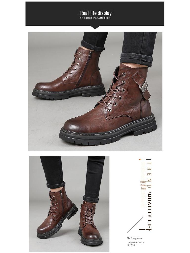 2024 Herr Äkta Läder Vinterstövlar, Brittisk Trendig Retrostil, Plus Sammet Varma Vardagsstövlar