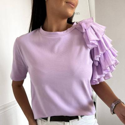 Frauen Bluse Einfarbig Layered Rüschen Sommer Rundhals Falten T-shirt Streetwear