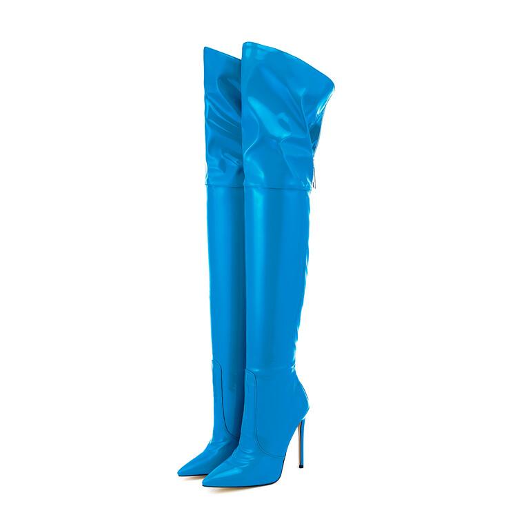 Moda Tamanho 36-47 Preto Marrom Couro Botas Acima do Joelho Mulheres Europeu Americano Outono Inverno Pelúcia Curta Salto Alto 12cm Botas Longas