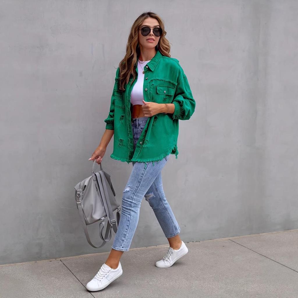 Women's Solid Color Ripped Denim Shirt - Long Sleeve, Loose Fit Bestseller