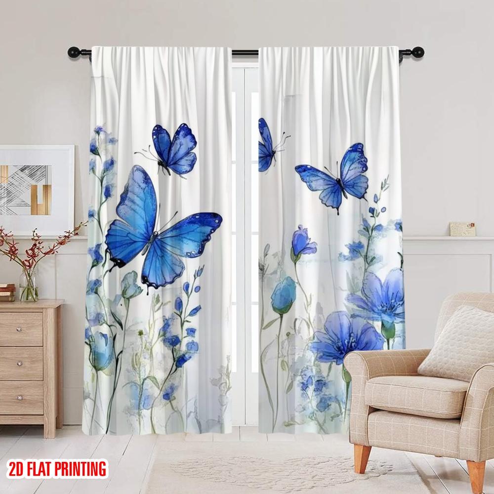 2 szt., druk płaski 2D Kreatywne zasłony Błękitny motyl Błogość Wszechstronny Trwały Poliester (bez pręta) Idealny na wszystkie pory roku