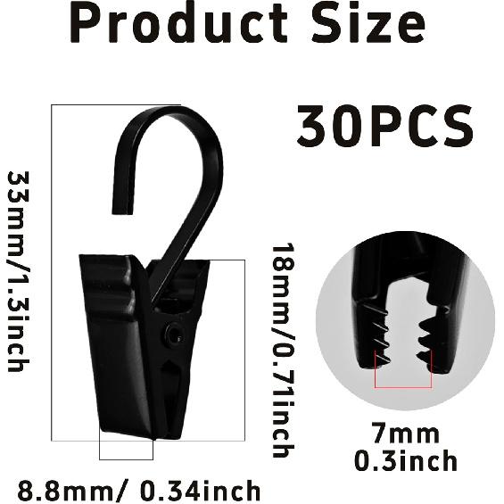 30PCS Small Curtain Clips, Stainless Steel Curtain Hooks Hanging Clips for Drapes, Black for Outdoor String Lights, Camping, Tents, Decoration, DIY,