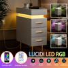 3 Drawer Bedside Table Adjustable Bluetooth Light Strip  Floor Mount Wood Bedside Cabinet with Charging Station for Home EUPlug