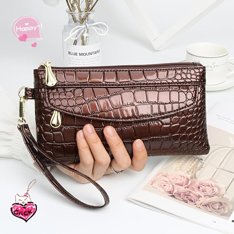 [Zipper Clutch with Coin Storage] Elegant Crocodile Pattern Faux Leather Wallet with Wristlet, Envelope and Zip Pocket, Fashionable Long Clutch