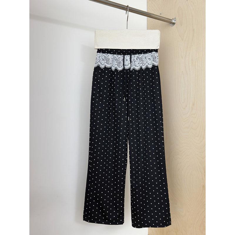 Spring 2025 Patchwork Lace Trim Polka Dot High Waist Loose Straight Wide-Leg Pants