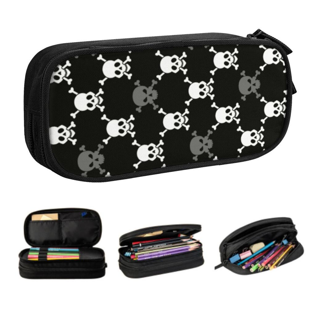 Custom Gray And White Skulls Pattern Pencil Cases for Boys Gilrs Large Storage Gothic Skeleton Pen Bag Box School Accessories