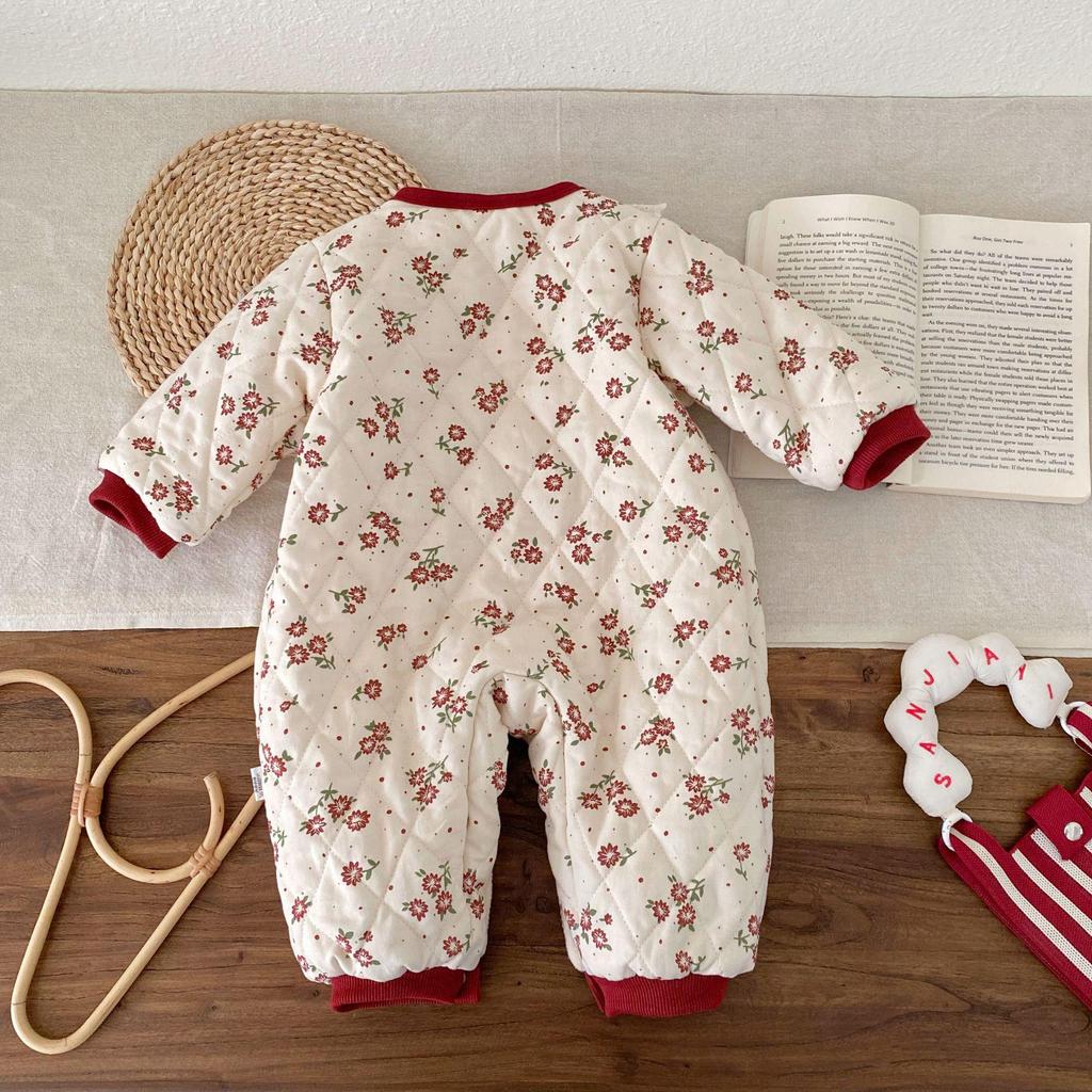 Korean Style Winter Fleece Romper for Baby Girls - Floral Lace Trim Outing Suit