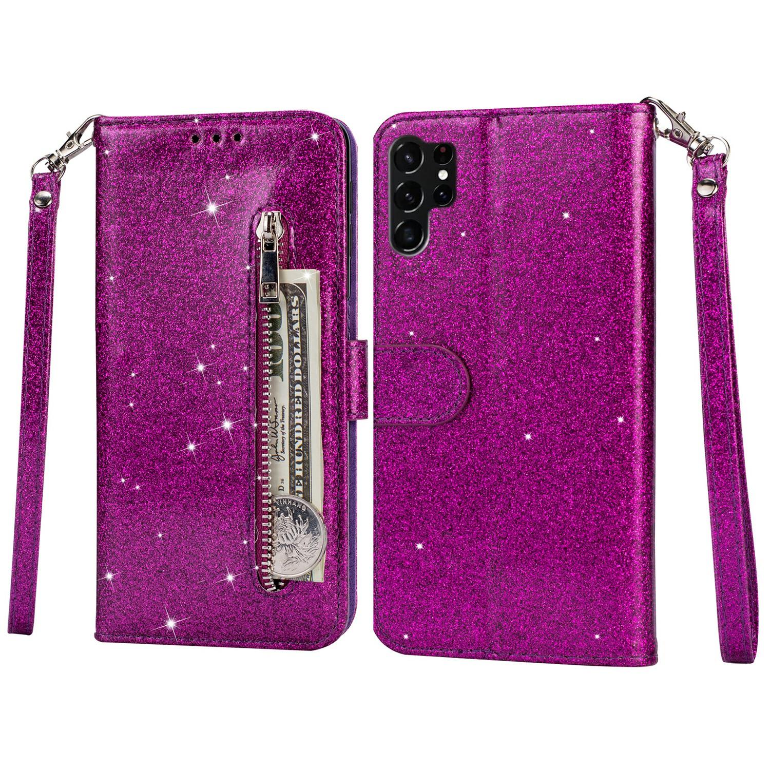 

Чехол-подставка для Samsung Galaxy S25 Ultra, блестящий кожаный чехол с карманом на молнии Purple