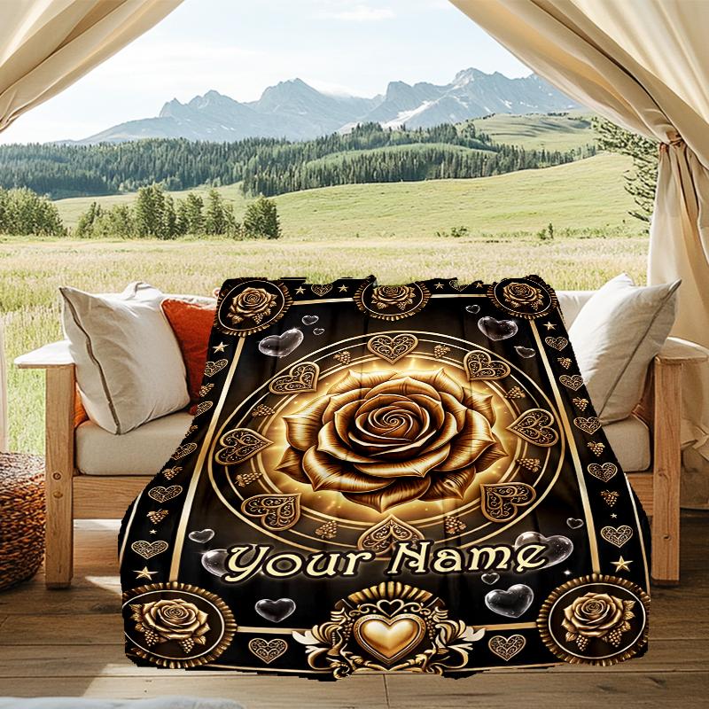 1PC Custom Name Golden Rose Romance flannel blanket versatile,all-season throw suitable for the living room,bedroom,camping,travel,and gift