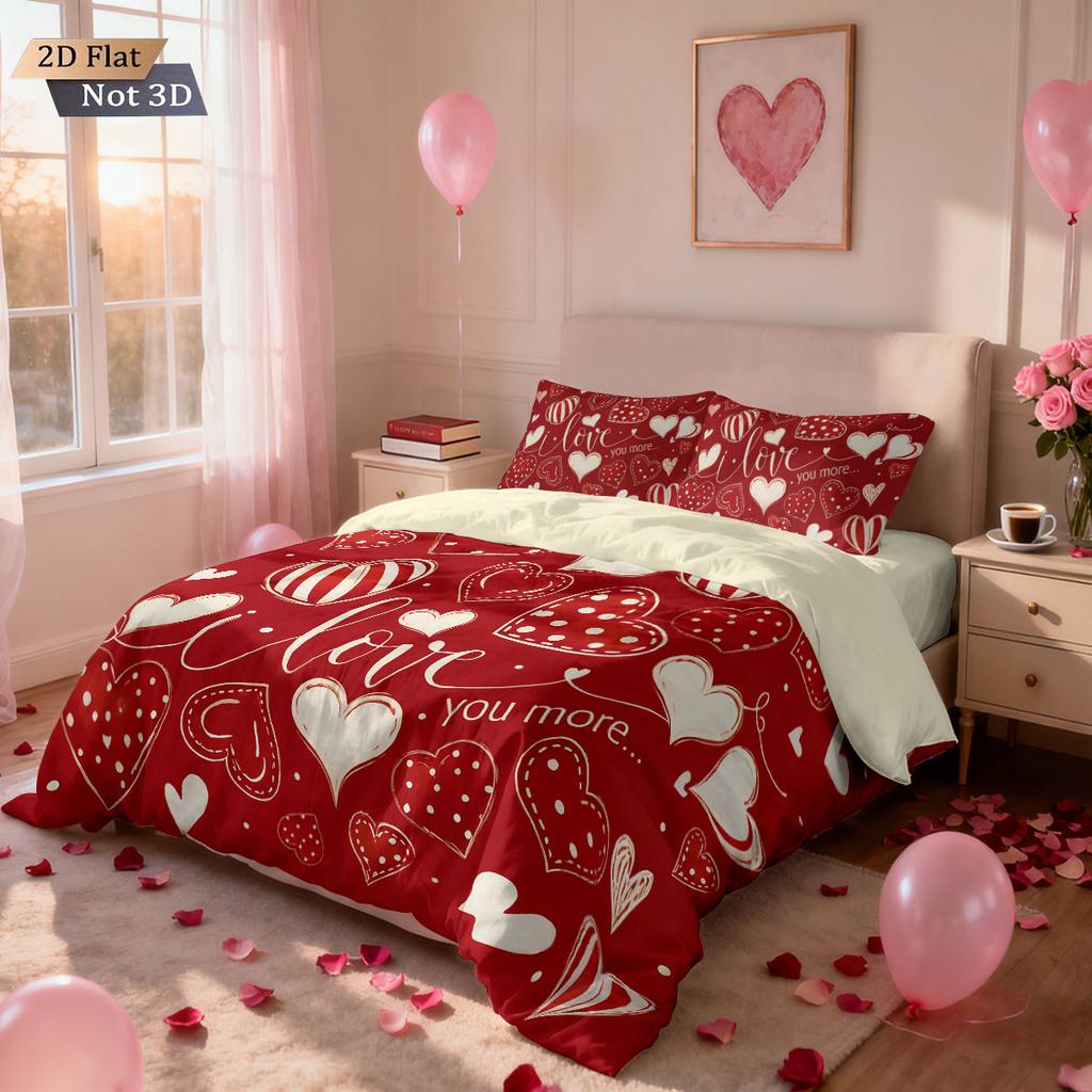 3 delar Alla hjärtans dag Romantiskt Rött Kärlekstryckt Flisfritt Täcke Set Flera Storlekar Sovrum Sängkläder Semesterdekoration Maskintvättbar
