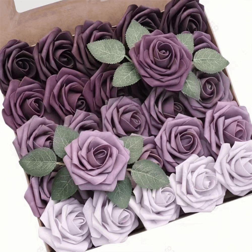 25PCS Gradiet Color Artificial Rose Flowers Flexible Wire Stems Realistic Flowers  Party Decoration