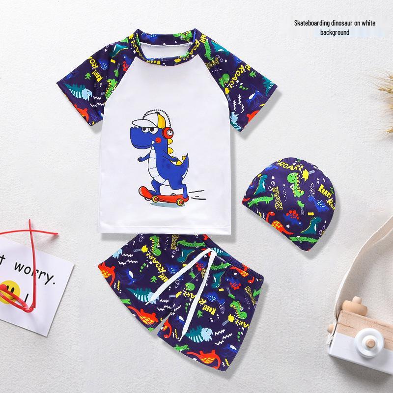 Cartoon Boys' Toddler Sun Protection Quick-Dry Swimsuit Set with Swim Cap
