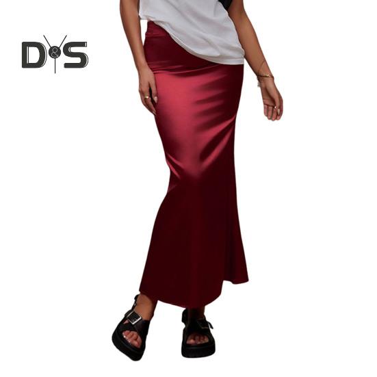 Women Fishtail Skirt with Large Hem High Waist Hip Wrapped Imitation Silk Maxi Skirt Solid Color Slimming Satin Skirt