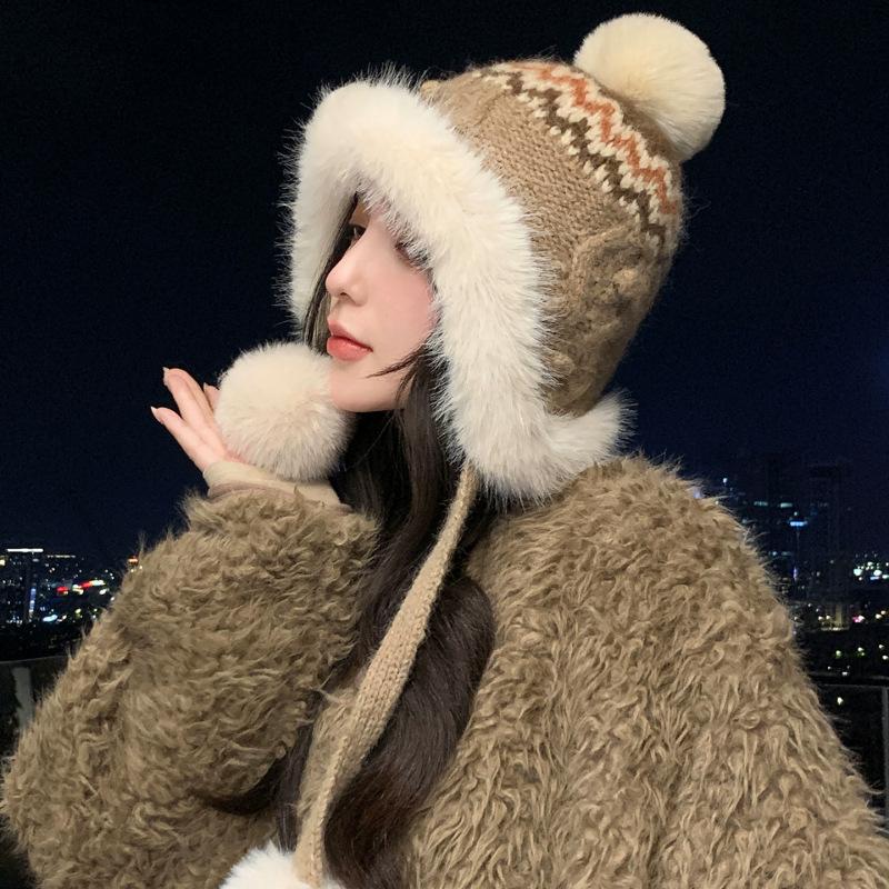 Fair Island contrasting color knitted wool hat women's season versatile big head circumference showing face small ear protection warm pullover hat