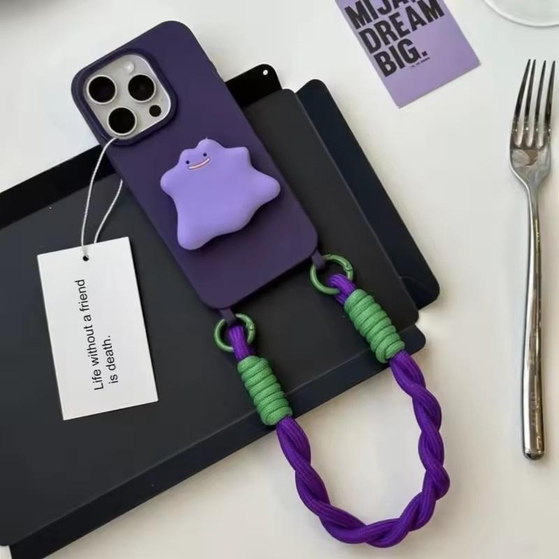 Minimalist Purple Monster Stand Phone Case with Hanging Strap For iPhone 11 12 13 14 15 16 Pro Max 17 Air