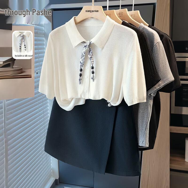 Women s Turn-Down Collar Short Sleeve Knit Cardigan Top One Size