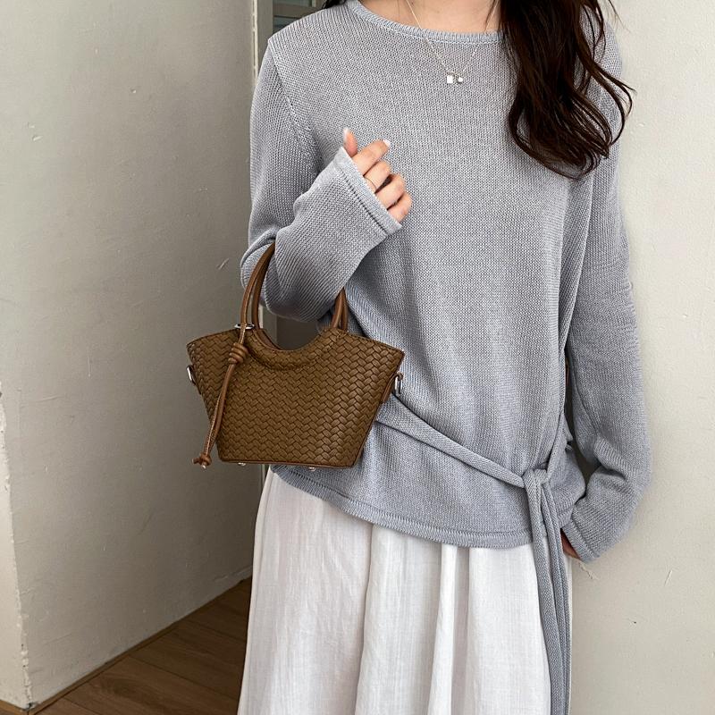 Woven Texture Mini Tote Bag with Round Handle and Detachable Strap