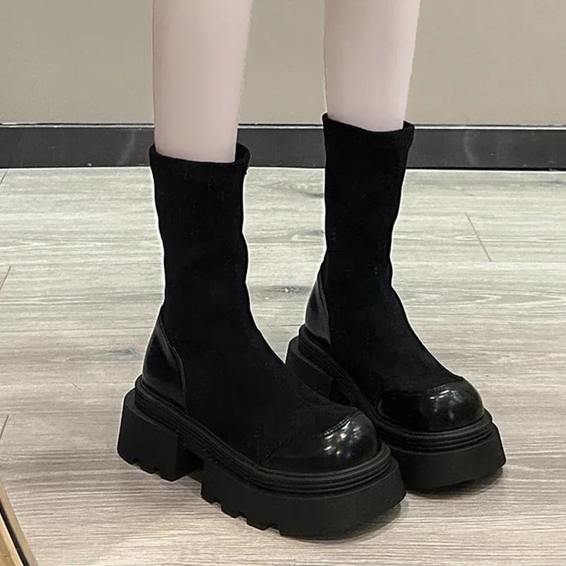 

Модные женские зимние ботинки на платформе, замшевые балетки до середины икры, тренд 2024, кожаные готические ботинки, новые женские туфли-лодочки, модные зимние женские ботинки на молнии 35 чёрный