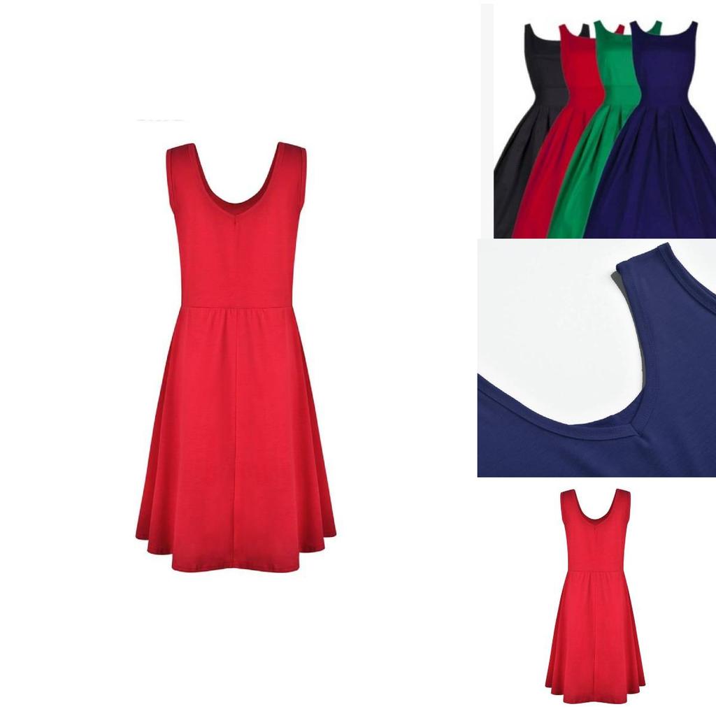 Patchwork Cotton Blend Sleeveless Dress Round Neck Flared Hem For Beach Parties