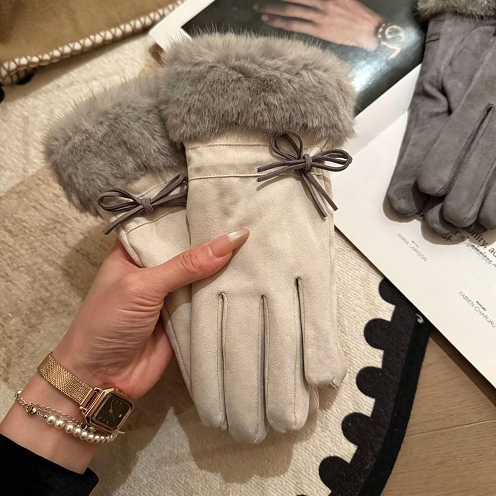 One Size Fleece Lined Gloves Bow Decoration Winter Thick Warm Gloves Faux Fur Gloves Driving
