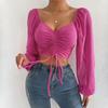 Summer V-neck Chiffon Drawstring Lantern Sleeve Tight Fashion Sexy Shirt Short Top