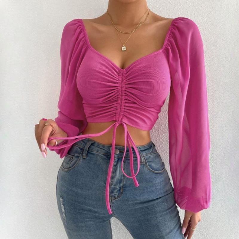 Summer V-neck Chiffon Drawstring Lantern Sleeve Tight Fashion Sexy Shirt Short Top