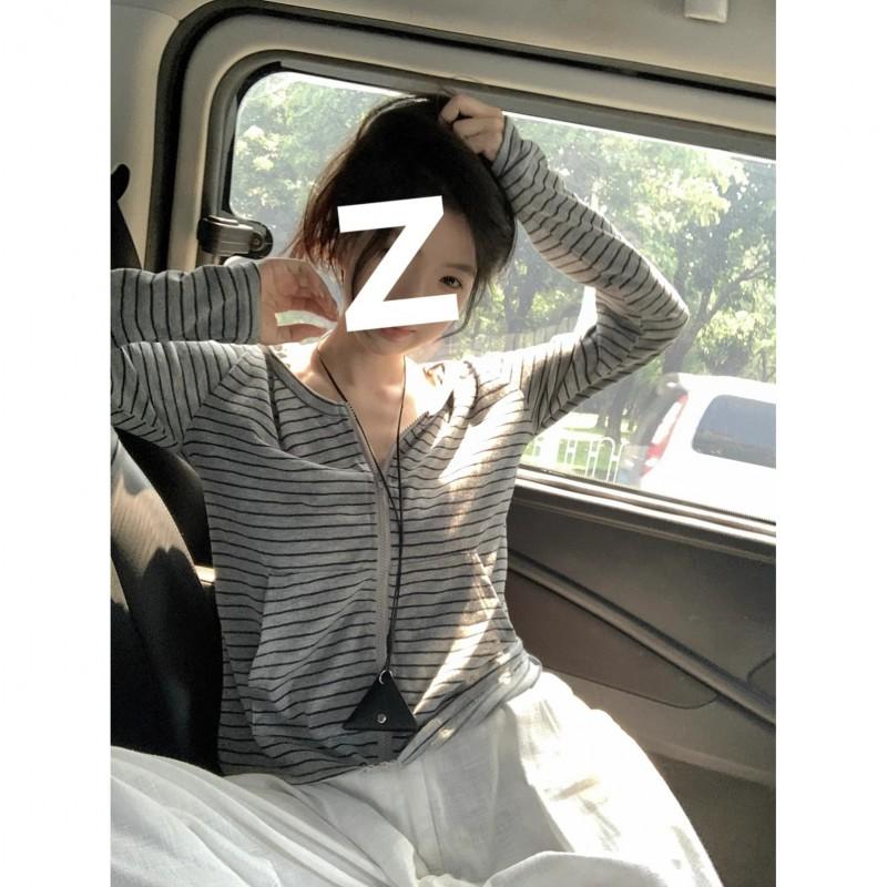 Early Fall Korean Style Striped Hooded Zip Cardigan Womens Casual Loose Top