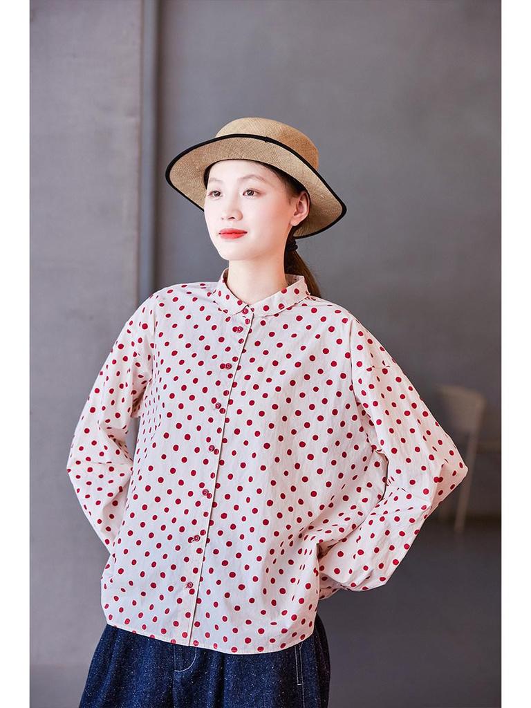 Spring Retro Beige & Red Polka Dot Cotton Casual Loose Shirt