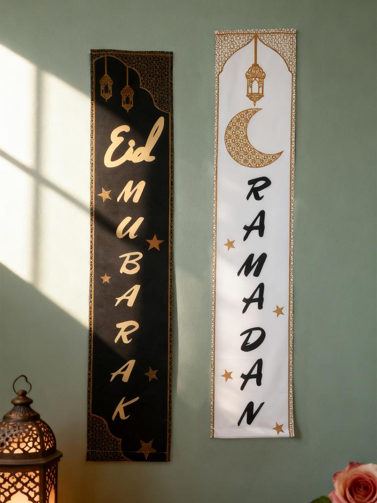 Ramadan & Eid Mubarak Banner Islamic Moon Star Lantern Wall Hanging Black & White Muslim Festival Tapestry for Home Party Decor