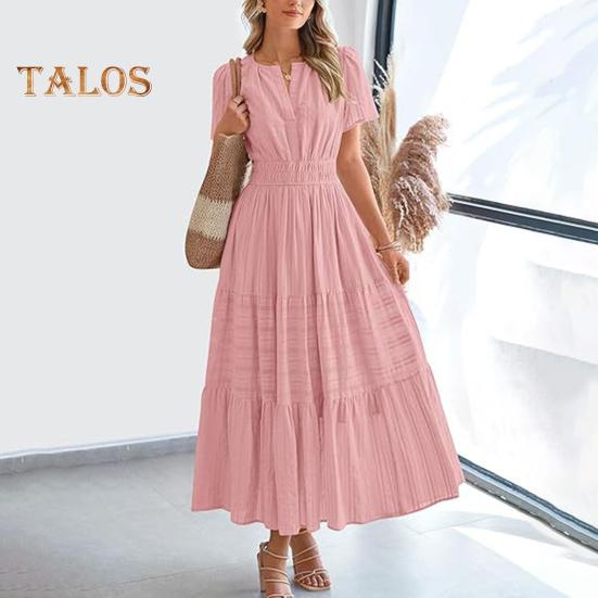 Damska letnia sukienka maxi, swobodna, dekolt w serek, krótki rękaw, warstwowa, luźna sukienka, marszczona talia, plisowana długa sukienka