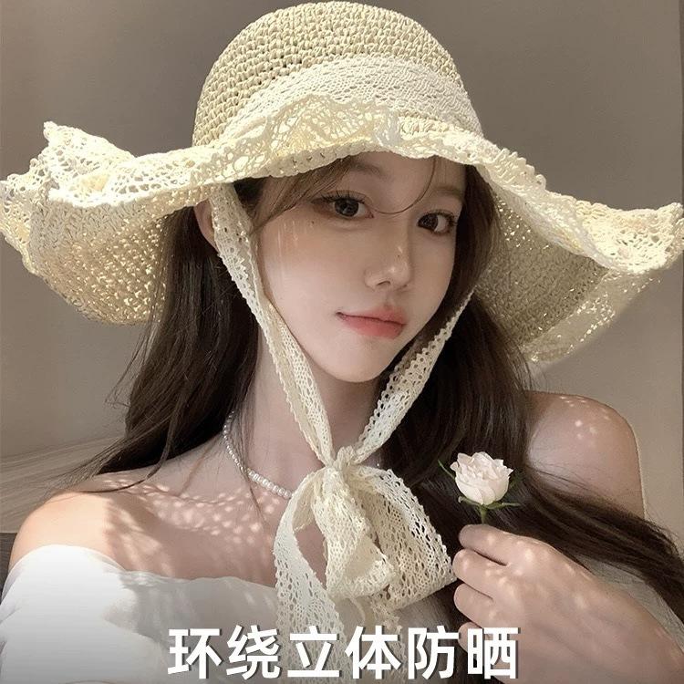 Straw hat ins lace-up hollow straw hat women's summer travel sun protection beach seaside sun hat lace edge sun hat