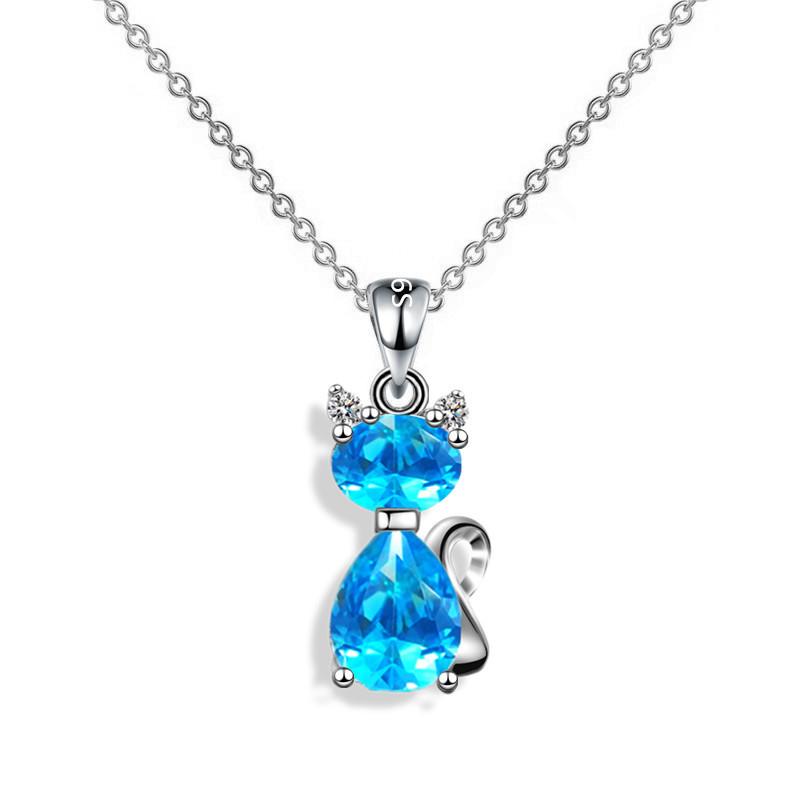 Aqua Blue Pink White Zircon Small Cat Pendant Cute Animal Necklaces For Women Trendy Silver Color Chain Necklace Wedding Jewelry