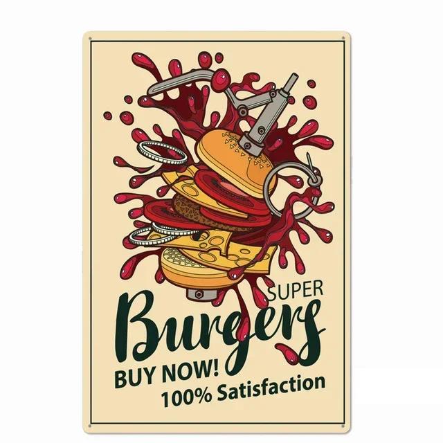 Delicious Hamburger Food Signs Metal Plaques Barbecue Kitchen Restaurant Shop Tin Sign Decorative Posters Retro Iron Painting