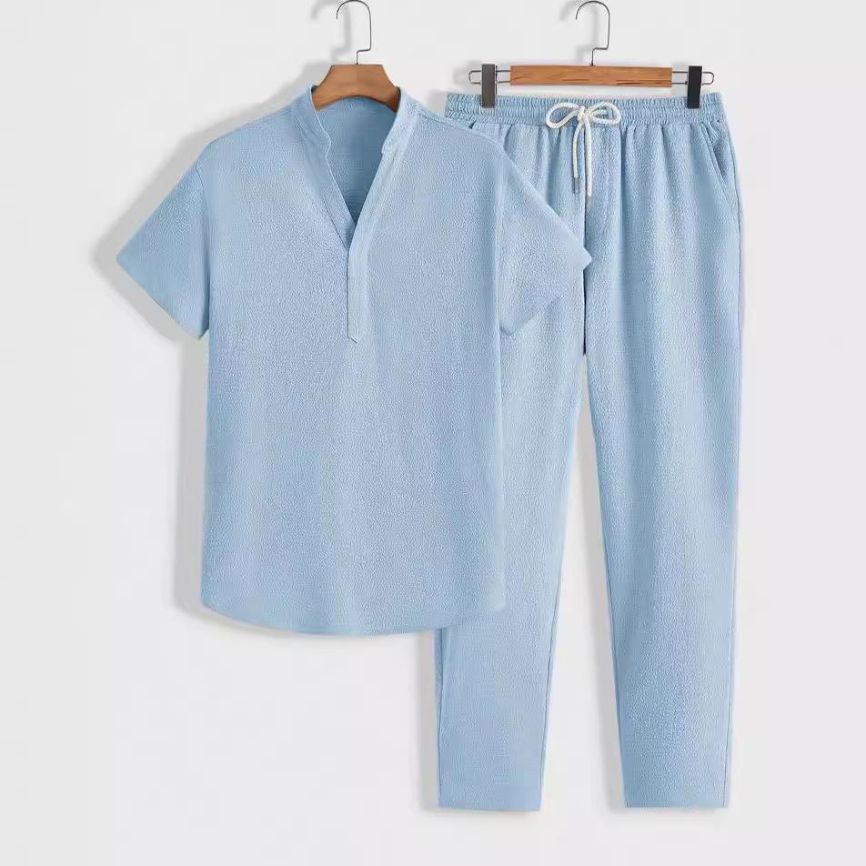2026 Summer Men's Casual Sports Suit - Short Sleeve & Long Pants, Solid Color