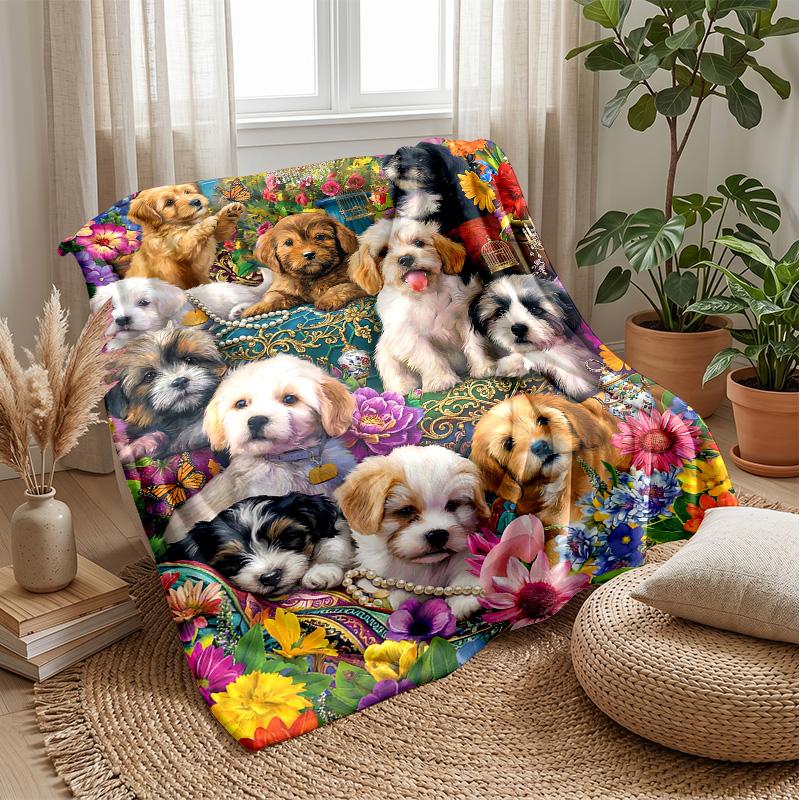 Floral Puppies Garden 3 Theme blanket Lightweight Warm Flannel Blanket Decorative Throw Blanket for Home Decoration