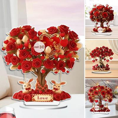 Ornement Arbre Rose Acrylique 2D Saint-Valentin Fleur Rose Centre de Table pour Étagère de Salon
