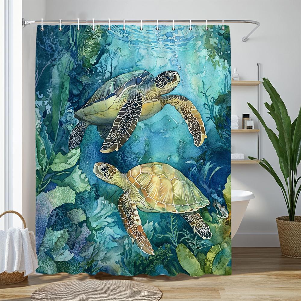 Sea Turtle Shower Curtain, Beach Coastal Sea Turtle Starfish Jellyfish Underwater Creatures Bathroom Decorative Shower Curtains