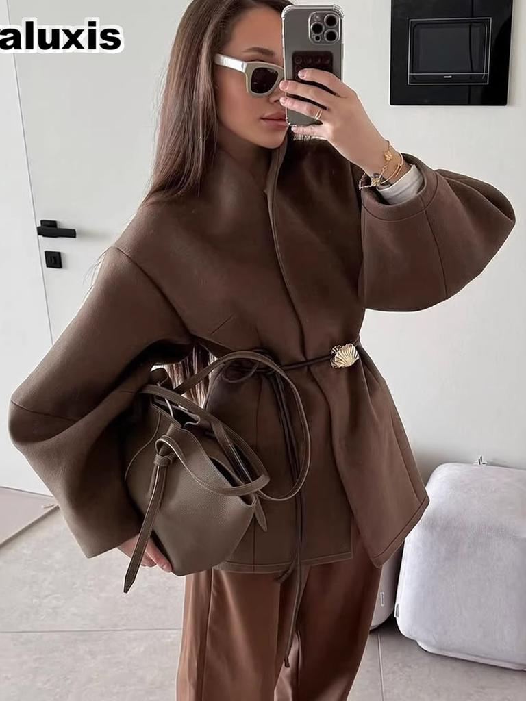 Autumn/Winter New Arrivals Elegant Brown Cinched Waist Wool Blend Coat for Women