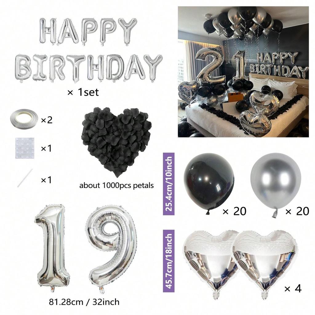 1050pcs Black & Silver Party Balloons Decorations with Silver Happy Birthday Banner Chrome Silver Balloons for kids and adults