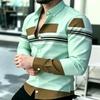 Men's Shirt Trendy Men's Color Block Splicing Long Sleeve Shirt Horizontal Stripe Decorative Collar Shirt European and American