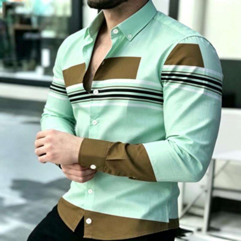 Men's Shirt Trendy Men's Color Block Splicing Long Sleeve Shirt Horizontal Stripe Decorative Collar Shirt European and American