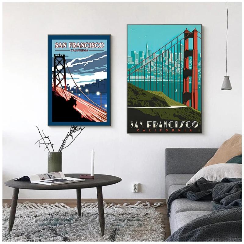 Harbour City San Francisco Travel Poster Canvas Paintings Vintage Wall Kraft Poster Coated Wall Stickers Home Decor Picture Gift