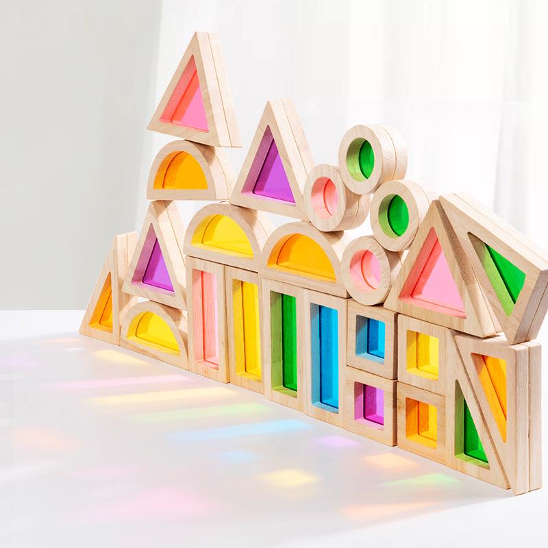 Children's Wooden & Acrylic Translucent Rainbow Building Blocks - Creative Educational Toys for Early Learning