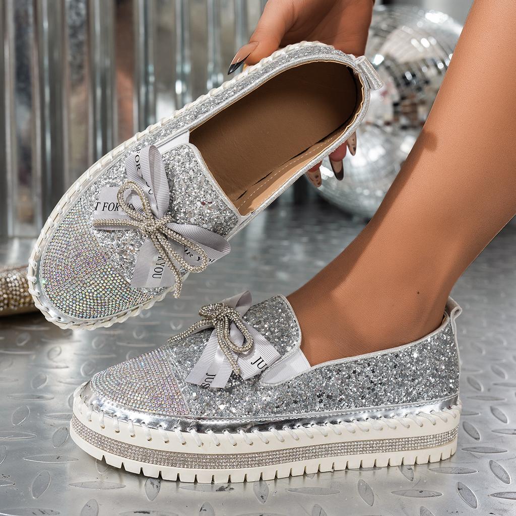 Fashion 2025 New Women Sneakers Couple Fashion Plus Size Sneakers Women Luxury Crystals Bowknot Loafers Sequined Flat Platform Shoes