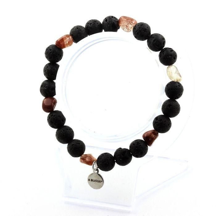 Pierres et Minéraux. Bracelet Quartz rutile rouge du Brésil + Perles Lave 8 mm. Fabriqué en France.