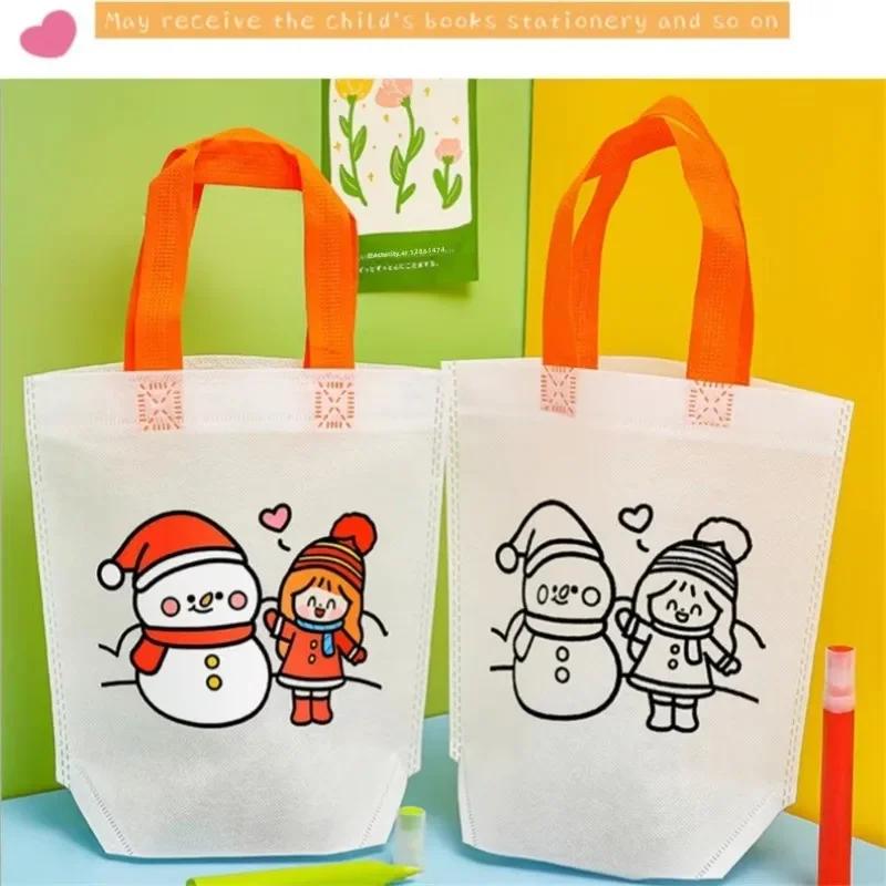Cartoon Christmas Diy Graffiti Bag Handmade Painting Non-Woven Bags for Children Arts Crafts Color Filling Handbag Xmas Gift