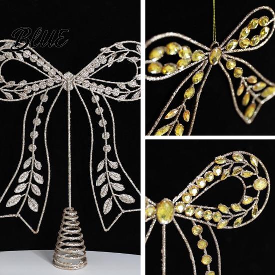 Light Luxury Holiday Rhinestone Hollow-Cut Christmas Tree Iron Bow Party Decor Topper Gold Metal Modern