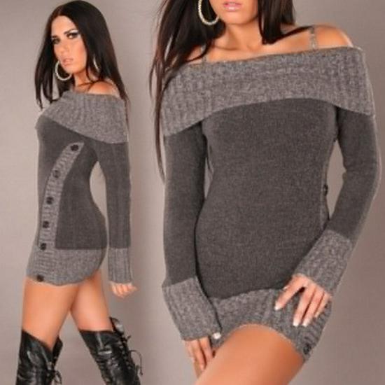 Autumn-Winter One-Shoulder Slim Knit Dress with Button Detail