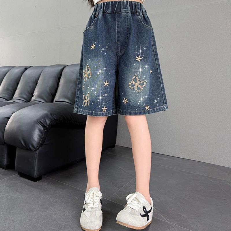 Summer Children Girls Denim Shorts Butterfly Junior Girls Loose Jeans Loose Elastic Waist Kids Teens Girls Shorts
