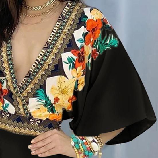 Deep V-Neck Lantern Half Sleeve Mid-Rise Women Jumpsuit Flower Printing Retro Trim Short Pants Romper Female Clothing